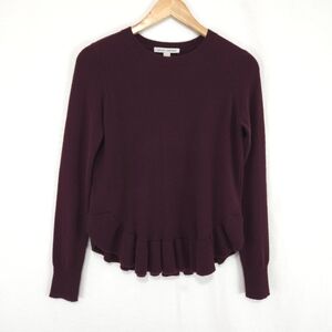 Autumn Cashmere Women's Maroon Ruffle Hem Crew Neck Cashmere Sweater